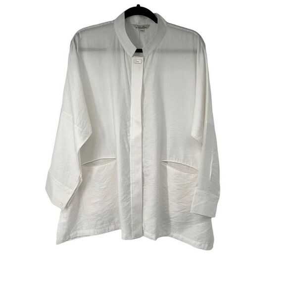Redwood Court Tops - Redwood Court White Boxy Oversized Lagenlook Bamboo Silk Button Up Top Sz S NWT